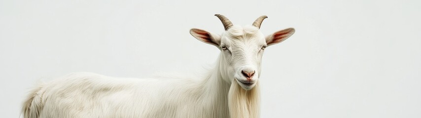 A close-up of a serene white goat.