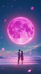 Fototapeta premium 3D pink moon, beach, glitter, cafe, romantic couple background --ar 9:16 --raw --profile ynktqqk mauyv6i --v 6.1 
