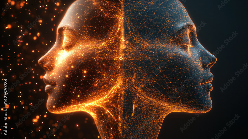 Poster two faces are shown in a computer generated image, one of which is glowing orange. concept of dualit