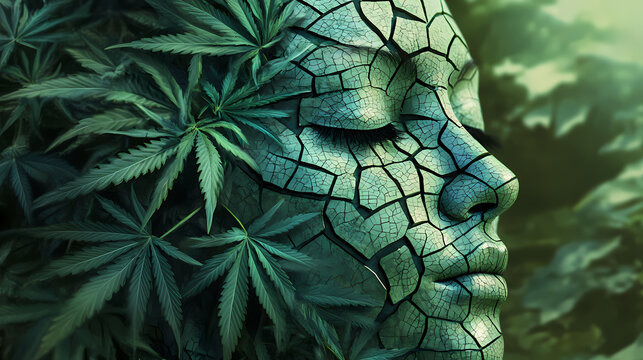 A partial face fragment, each facet replaced by a mosaic of cannabis leaf segments, culminating in. Fragment Bud. Illustration