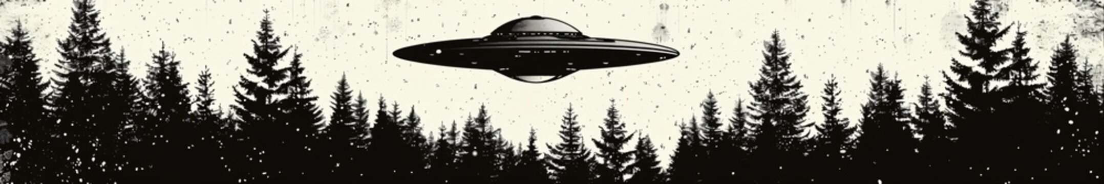 Ufo flying over pine forest silhouette. Alien spaceship in night sky. Extraterrestrial visit concept. Sci-fi illustration for book cover, movie poster, conspiracy theory blog