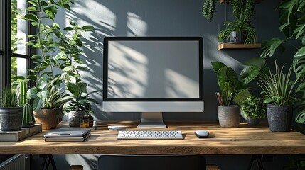 Serene Home Office with Lush Greenery and Sunlight