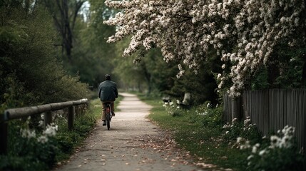 Obraz premium Cyclist riding through blooming path standard park realistic photography nature rear view scenic journey