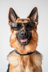 A German Shepherd Dog Wearing Sunglasses Smiling Directly Towards Camera