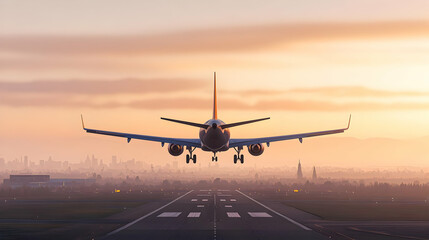 Airplane Landing At Sunrise Over City Airport