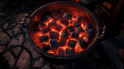 Glowing embers in dark metal pot