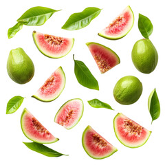 Juicy Guava slices and whole fruits with green leaves on black background