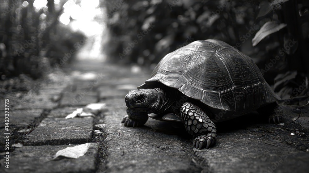 Aufkleber Tortoise slowly crossing a cobblestone path surrounded by lush greenery in a black and white setting during a calm afternoon