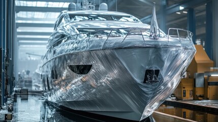 Awaiting launch: Brand new luxurious yacht wrapped in protective film at shipyard