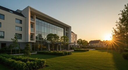 Fototapeta premium Modern building with glass facade and garden at sunset
