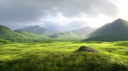 Dark Blue Mountains Under Cloudy Sky with Lush Green Landscape