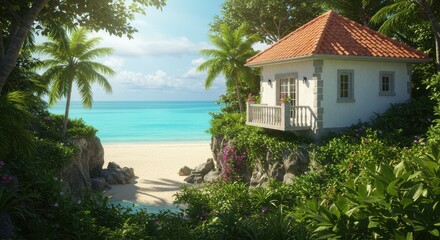 White cottage with red-tiled roof on a serene tropical beach with palm trees