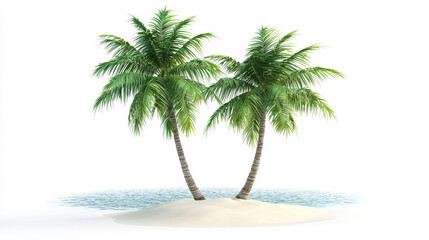 Obraz premium Two vibrant green palm trees stand tall on a pristine white sandy island with a gentle watercolor effect creating a serene tropical paradise illustration.