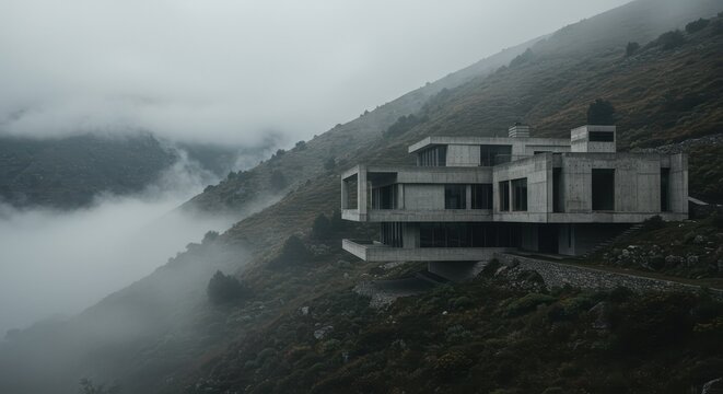 Modern multi-story concrete building on a foggy mountainside with geometric design and rectangular windows
