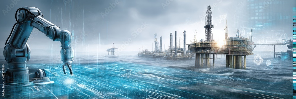 Aufkleber ai robot conducts inspection on oil rig with advanced digital holograms in a marine environment