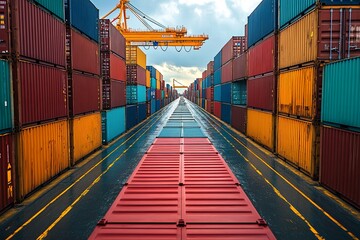 Fototapeta premium Colorful shipping containers stacked and lined up at a shipyard