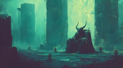 Ancient Demon seated in Fantasy World of Ethereal Light and Shadows