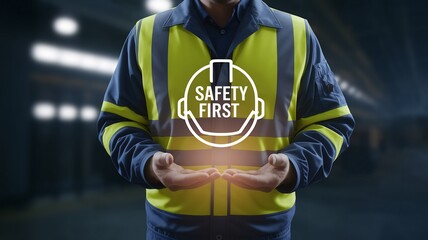Fototapeta premium Safety First Commitment: An image showcasing a professional in work attire, confidently holding a symbolic illustration representing safety and diligence in the workplace.