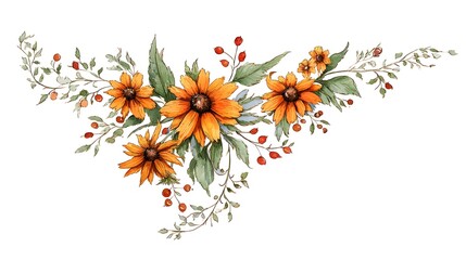 Watercolor Orange Sunflowers Bouquet with Green Leaves on a White Background
