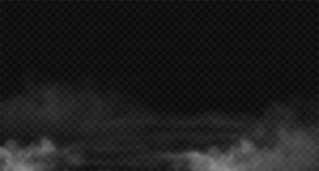 Creepy white smoke, floating mist or vapor creating a mysterious, spooky effect. Realistic haze, fog isolated on a black transparent background. Template for Halloween designs, cinematic scenes