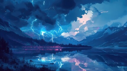 A stormy sky with a lightning bolt and a reflection of the sky in the water