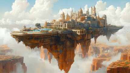 Fototapeta premium The Floating City of Aethelgard: A majestic aerial metropolis perched atop colossal rock formations, enveloped in ethereal clouds, showcasing breathtaking architecture and serene pools.