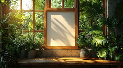 Obraz premium Serene Tropical Window View with Blank Canvas