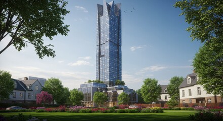 Obraz premium Modern skyscraper with blue glass exterior and traditional houses in a lush urban landscape