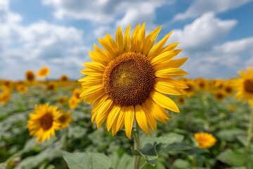 Fototapeta premium Vibrant Sunflower Bloom in Field Against Sky with Clouds Sunny Day