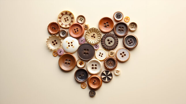 Flat lay of colourful, detailed buttons forming a heart shape on a textured beige backdrop, ideal for craft themes, blending whimsy, depth, and handmade charm. Hurray for Buttons Day