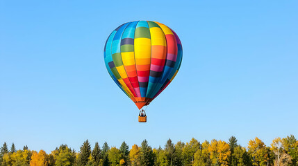 Fototapeta premium Colorful Pixelated Hot Air Balloon Against Blue Sky Over Autumn Trees