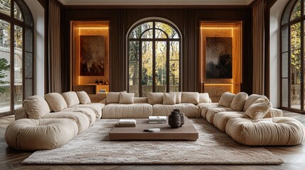 Obraz premium Luxurious Beige Modular Sofa in a Grand Living Room with Autumnal Views
