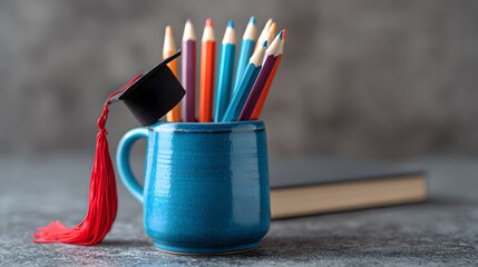Obraz premium Colorful Pencils in Blue Cup with Graduation Cap on Gray Background Still Life