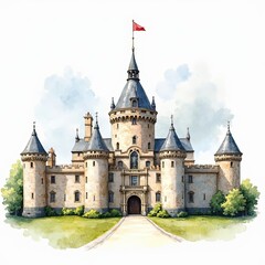 Fototapeta premium Fairytale Stone Castle Watercolor Painting, Medieval Fortress Illustration, European Architecture, Vintage Style, Royal Residence, Fantasy Kingdom