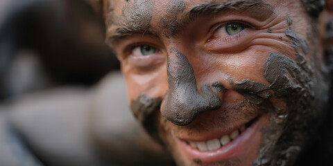 Obraz premium Smiling man with mud on his face enjoying outdoor activity