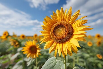 Obraz premium CloseUp Yellow Sunflower Blossom against Blue Sky and Field of Sunflowers Beauty