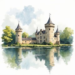 Obraz premium Watercolor Illustration ofFairytale Castle Reflection on Calm Lake, Serene Landscape, Medieval Architecture, European Landmark, Water Scene, Summer Day