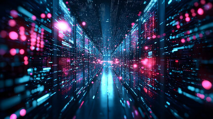 Fototapeta premium Futuristic Data Center Corridor With Glowing Neon Lights