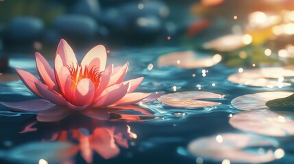 A luminous pink lotus blossom floats serenely on teal water, surrounded by lily pads and soft, blurred light. A tranquil, natural scene