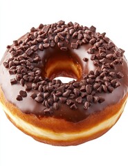 A chocolate-frosted donut generously sprinkled with chocolate chips, offering a tempting, sweet treat