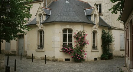 Historic corner building with pink flowers on a cobblestone street