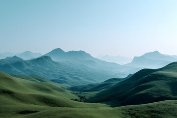 Fototapeta premium Serene Highland Landscape, Rolling Green Hills and Distant Mountain Peaks Under Clear Sky