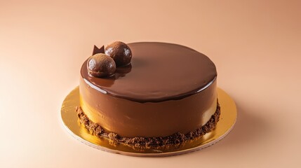 Rich chocolate cake with a glossy ganache glaze, decorated with chocolate truffles and a textured base, presented on a gold cake board