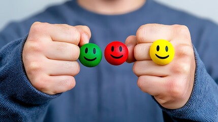Clenched fists hold three smiley balls; green, red, yellow; representing feedback or emotions
