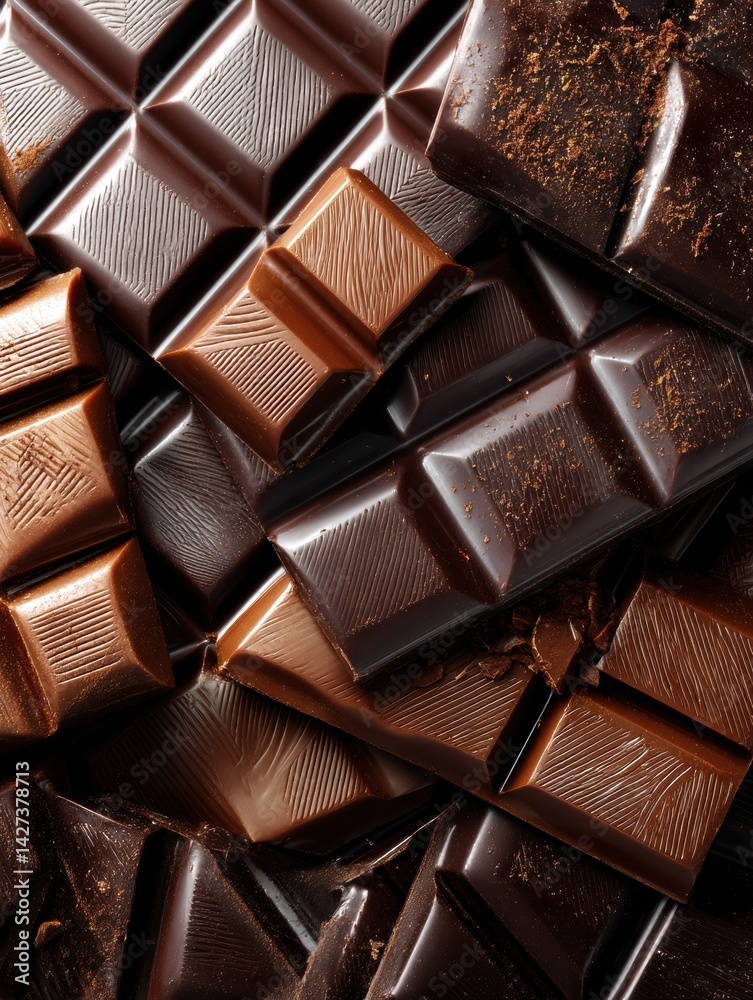 Poster delicious macro view of shiny chocolate bar squares featuring rich textures and tempting hues
