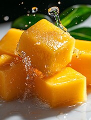 Mango Cubes Splash Close-up
