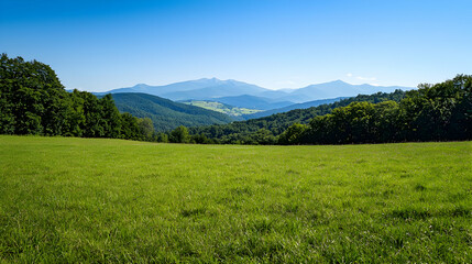 Obraz premium Green Meadow Expanse With Distant Mountain Range