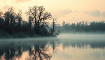 Fototapeta premium Misty Lake Sunrise with Silhouetted Trees