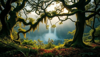 Misty Waterfall Framed by Mossy Trees in Lush Forest