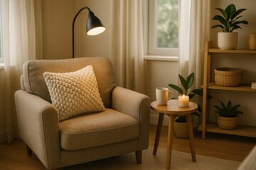 a reading nook situated in a cozy corner of a living room